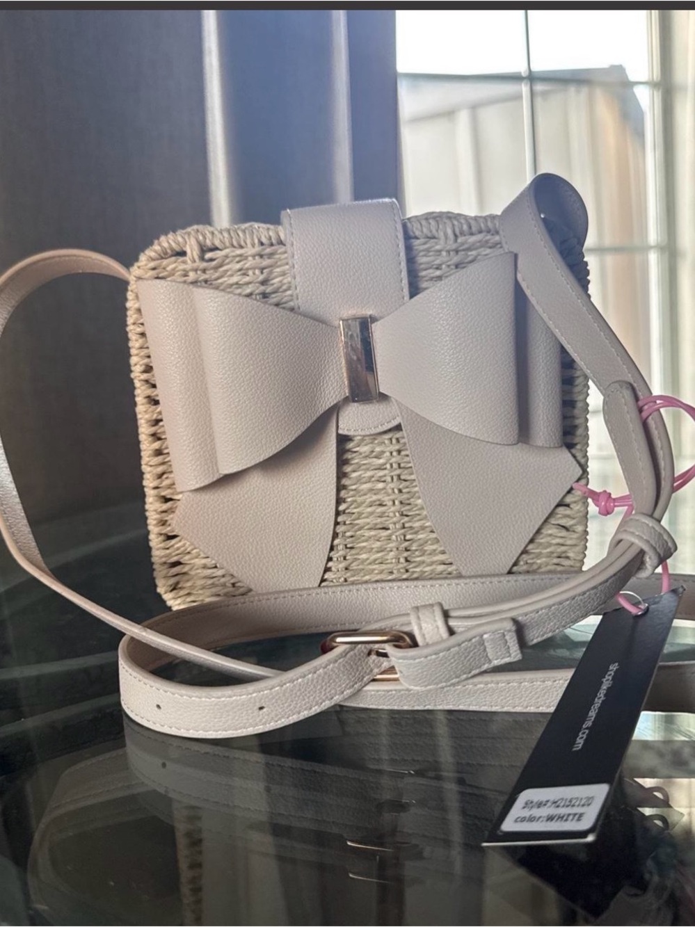 Daydreamer White Woven Crossbody with Bow Accent